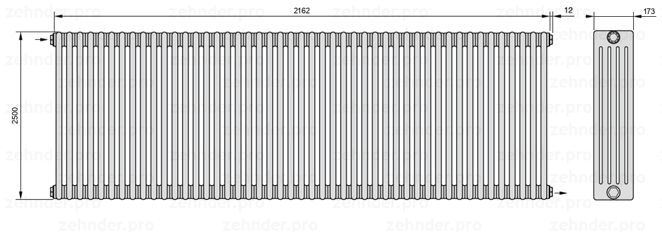 Схема (чертеж) Радиатор Zehnder Charleston 5250/47 №1670 Белый глянцевый RAL 9016